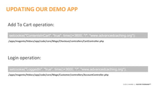 ©2015 AKAMAI | FASTER FORWARDTM
Add To Cart operation:
./apps/magento/htdocs/app/code/core/Mage/Checkout/controllers/CartController.php
Login operation:
./apps/magento/htdocs/app/code/core/Mage/Customer/controllers/AccountController.php
UPDATING OUR DEMO APP
setcookie("ContentsInCart", "true", time()+3600, "/", "www.advancedcaching.org");
setcookie("LoggedIn", "true", time()+3600, "/", "www.advancedcaching.org");
 
