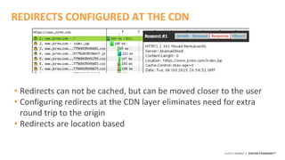 ©2015 AKAMAI | FASTER FORWARDTM
REDIRECTS CONFIGURED AT THE CDN
• Redirects can not be cached, but can be moved closer to the user
• Configuring redirects at the CDN layer eliminates need for extra
round trip to the origin
• Redirects are location based
 