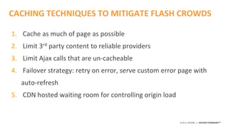 ©2015 AKAMAI | FASTER FORWARDTM
1. Cache as much of page as possible
2. Limit 3rd party content to reliable providers
3. Limit Ajax calls that are un-cacheable
4. Failover strategy: retry on error, serve custom error page with
auto-refresh
5. CDN hosted waiting room for controlling origin load
CACHING TECHNIQUES TO MITIGATE FLASH CROWDS
 