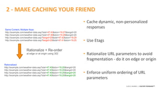 ©2015 AKAMAI | FASTER FORWARDTM
• Cache dynamic, non-personalized
responses
• Use Etags
• Rationalize URL parameters to avoid
fragmentation - do it on edge or origin
• Enforce uniform ordering of URL
parameters
Same Content, Multiple Keys:
http://example.com/weather-data.asp?slat=47.43&slon=19.27&langid=20
http://example.com/weather-data.asp?slat=47.48&slon=19.28&langid=20
http://example.com/weather-data.asp?langid=20&slat=47.42&slon=19.29
http://example.com/weather-data.asp?langid=20&slat=47.41&slon=19.25
Rationalized:
http://example.com/weather-data.asp?slat=47.40&slon=19.20&langid=20
http://example.com/weather-data.asp?slat=47.40&slon=19.20&langid=20
http://example.com/weather-data.asp?slat=47.40&slon=19.20&langid=20
http://example.com/weather-data.asp?slat=47.40&slon=19.20&langid=20
Rationalize + Re-order
at edge or at origin using 302
2 - MAKE CACHING YOUR FRIEND
 
