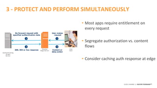 ©2015 AKAMAI | FASTER FORWARDTM
• Most apps require entitlement on
every request
• Segregate authorization vs. content
flows
• Consider caching auth response at edge
3 - PROTECT AND PERFORM SIMULTANEOUSLY
 