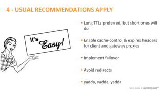 ©2015 AKAMAI | FASTER FORWARDTM
• Long TTLs preferred, but short ones will
do
• Enable cache-control & expires headers
for client and gateway proxies
• Implement failover
• Avoid redirects
• yadda, yadda, yadda
4 - USUAL RECOMMENDATIONS APPLY
 
