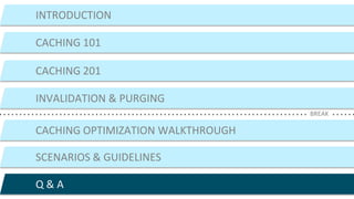 ©2015 AKAMAI | FASTER FORWARDTM
INTRODUCTION
CACHING 101
CACHING 201
CACHING OPTIMIZATION WALKTHROUGH
SCENARIOS & GUIDELINES
Q & A
BREAK
INVALIDATION & PURGING
 