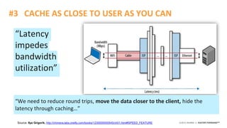 ©2015 AKAMAI | FASTER FORWARDTM
#3 CACHE AS CLOSE TO USER AS YOU CAN
Source: Ilya Grigorik, http://chimera.labs.oreilly.com/books/1230000000545/ch01.html#SPEED_FEATURE
“We need to reduce round trips, move the data closer to the client, hide the
latency through caching…”
“Latency
impedes
bandwidth
utilization”
 