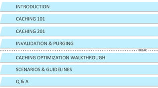 ©2015 AKAMAI | FASTER FORWARDTM
INTRODUCTION
CACHING 101
CACHING 201
CACHING OPTIMIZATION WALKTHROUGH
SCENARIOS & GUIDELINES
Q & A
BREAK
INVALIDATION & PURGING
 