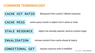 ©2015 AKAMAI | FASTER FORWARDTM
CACHE HIT RATIO
COMMON TERMINOLOGY
{#requests from cache} / {#total requests}
CACHE MISS cache query results in object not in cache or stale
STALE RESOURCE object has already expired, need to contact origin
INVALIDATION remove content from cache ahead of expiry
CONDITIONAL GET request resource only if modified
 