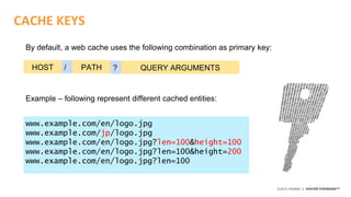 ©2015 AKAMAI | FASTER FORWARDTM
CACHE KEYS
HOST PATH QUERY ARGUMENTS/ ?
By default, a web cache uses the following combination as primary key:
Example – following represent different cached entities:
www.example.com/en/logo.jpg
www.example.com/jp/logo.jpg
www.example.com/en/logo.jpg?len=100&height=100
www.example.com/en/logo.jpg?len=100&height=200
www.example.com/en/logo.jpg?len=100
 