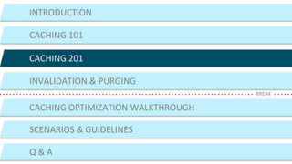 ©2015 AKAMAI | FASTER FORWARDTM
INTRODUCTION
CACHING 101
CACHING 201
CACHING OPTIMIZATION WALKTHROUGH
SCENARIOS & GUIDELINES
Q & A
BREAK
INVALIDATION & PURGING
 