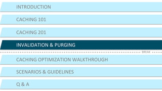 ©2015 AKAMAI | FASTER FORWARDTM
INTRODUCTION
CACHING 101
CACHING 201
CACHING OPTIMIZATION WALKTHROUGH
SCENARIOS & GUIDELINES
Q & A
BREAK
INVALIDATION & PURGING
 