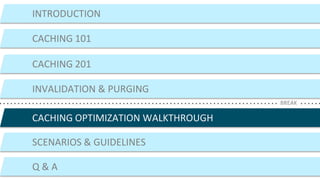 ©2015 AKAMAI | FASTER FORWARDTM
INTRODUCTION
CACHING 101
CACHING 201
CACHING OPTIMIZATION WALKTHROUGH
SCENARIOS & GUIDELINES
Q & A
BREAK
INVALIDATION & PURGING
 