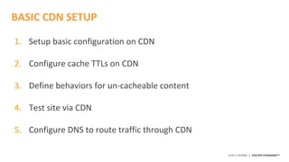 ©2015 AKAMAI | FASTER FORWARDTM
1. Setup basic configuration on CDN
2. Configure cache TTLs on CDN
3. Define behaviors for un-cacheable content
4. Test site via CDN
5. Configure DNS to route traffic through CDN
BASIC CDN SETUP
 