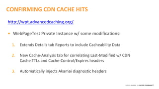 ©2015 AKAMAI | FASTER FORWARDTM
CONFIRMING CDN CACHE HITS
http://wpt.advancedcaching.org/
• WebPageTest Private Instance w/ some modifications:
1. Extends Details tab Reports to include Cacheability Data
2. New Cache-Analysis tab for correlating Last-Modified w/ CDN
Cache TTLs and Cache-Control/Expires headers
3. Automatically injects Akamai diagnostic headers
 