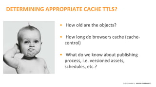 ©2015 AKAMAI | FASTER FORWARDTM
• How old are the objects?
• How long do browsers cache (cache-
control)
• What do we know about publishing
process, i.e. versioned assets,
schedules, etc.?
DETERMINING APPROPRIATE CACHE TTLS?
 