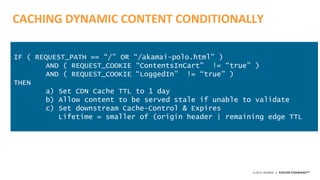 ©2015 AKAMAI | FASTER FORWARDTM
CACHING DYNAMIC CONTENT CONDITIONALLY
IF ( REQUEST_PATH == “/” OR “/akamai-polo.html” )
AN...