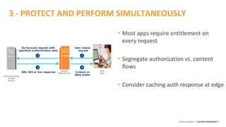 ©2015 AKAMAI | FASTER FORWARDTM
• Most apps require entitlement on
every request
• Segregate authorization vs. content
flo...