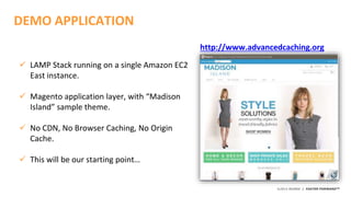 ©2015 AKAMAI | FASTER FORWARDTM
 LAMP Stack running on a single Amazon EC2
East instance.
 Magento application layer, wi...