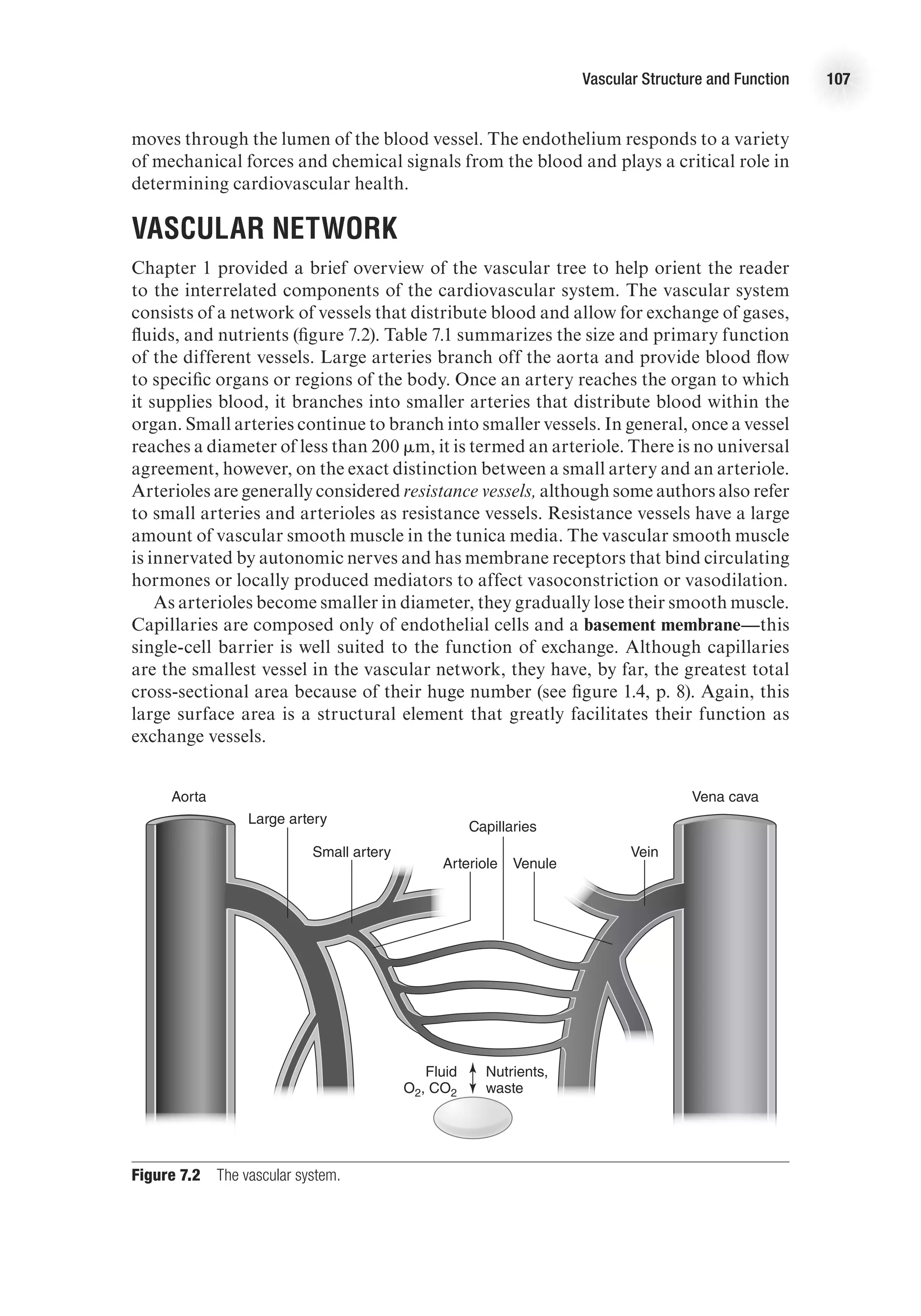 Vascular Structure and Function 107
moves through the lumen of the blood vessel. The endothelium responds to a variety
of mechanical forces and chemical signals from the blood and plays a critical role in
determining cardiovascular health.
Vascular Network
Chapter 1 provided a brief overview of the vascular tree to help orient the reader
to the interrelated components of the cardiovascular system. The vascular system
consists of a network of vessels that distribute blood and allow for exchange of gases,
fluids, and nutrients (figure 7.2). Table 7.1 summarizes the size and primary function
of the different vessels. Large arteries branch off the aorta and provide blood flow
to specific organs or regions of the body. Once an artery reaches the organ to which
it supplies blood, it branches into smaller arteries that distribute blood within the
organ. Small arteries continue to branch into smaller vessels. In general, once a vessel
reaches a diameter of less than 200 mm, it is termed an arteriole. There is no universal
agreement, however, on the exact distinction between a small artery and an arteriole.
Arterioles are generally considered resistance vessels, although some authors also refer
to small arteries and arterioles as resistance vessels. Resistance vessels have a large
amount of vascular smooth muscle in the tunica media. The vascular smooth muscle
is innervated by autonomic nerves and has membrane receptors that bind circulating
hormones or locally produced mediators to affect vasoconstriction or vasodilation.
As arterioles become smaller in diameter, they gradually lose their smooth muscle.
Capillaries are composed only of endothelial cells and a basement membrane—this
single-cell barrier is well suited to the function of exchange. Although capillaries
are the smallest vessel in the vascular network, they have, by far, the greatest total
cross-sectional area because of their huge number (see figure 1.4, p. 8). Again, this
large surface area is a structural element that greatly facilitates their function as
exchange vessels.
Aorta
Fluid
O2, CO2
Nutrients,
waste
Large artery
Small artery
Arteriole
Vena cava
Vein
Venule
Capillaries
E4414/Smith/Fig. 7.2/349991/RR/R2
Figure 7.2  The vascular system.
 