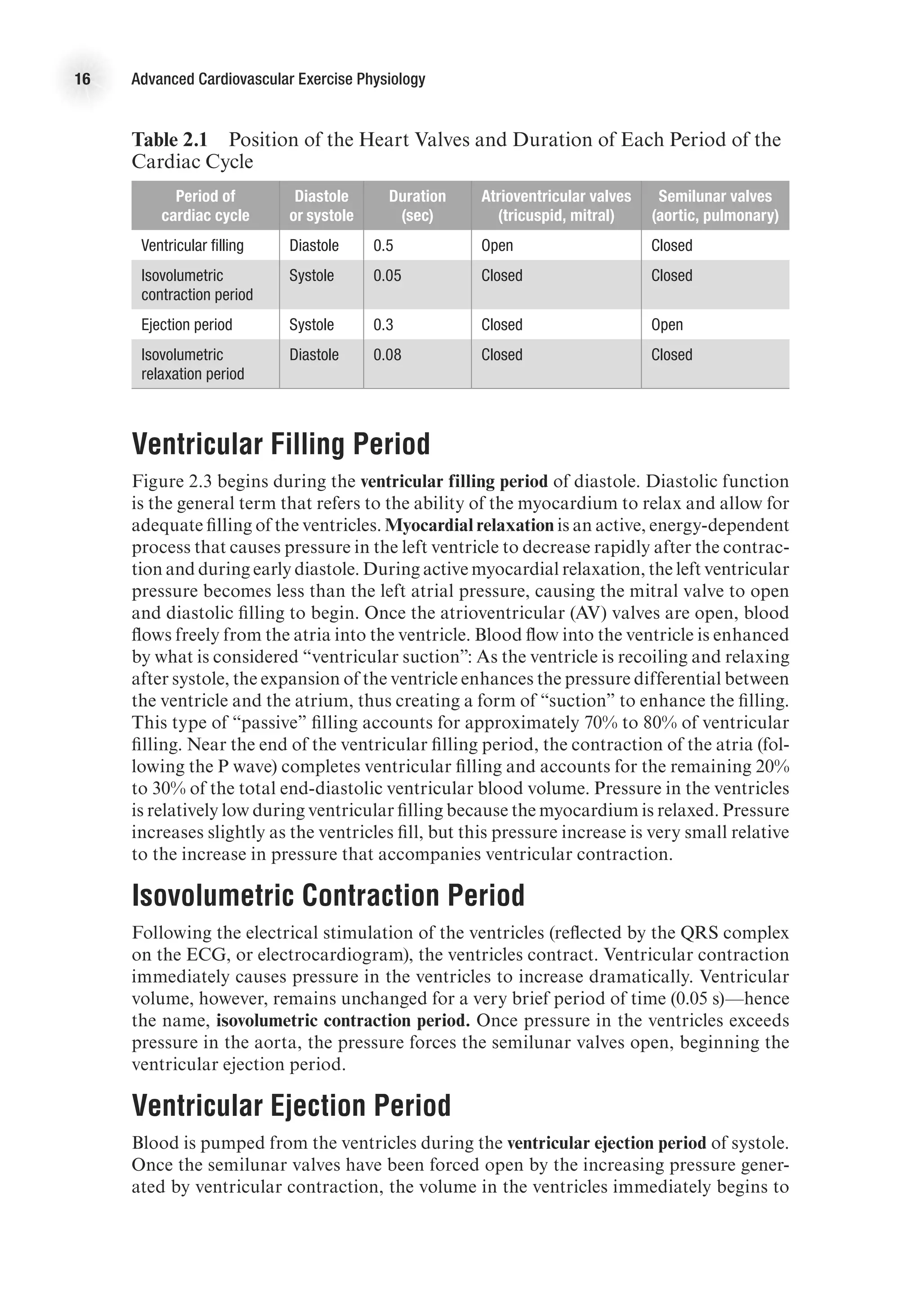 16 Advanced Cardiovascular Exercise Physiology
Ventricular Filling Period
Figure 2.3 begins during the ventricular filling period of diastole. Diastolic function
is the general term that refers to the ability of the myocardium to relax and allow for
adequate filling of the ventricles. Myocardial relaxation is an active, energy-dependent
process that causes pressure in the left ventricle to decrease rapidly after the contrac-
tion and during early diastole. During active myocardial relaxation, the left ventricular
pressure becomes less than the left atrial pressure, causing the mitral valve to open
and diastolic filling to begin. Once the atrioventricular (AV) valves are open, blood
flows freely from the atria into the ventricle. Blood flow into the ventricle is enhanced
by what is considered “ventricular suction”: As the ventricle is recoiling and relaxing
after systole, the expansion of the ventricle enhances the pressure differential between
the ventricle and the atrium, thus creating a form of “suction” to enhance the filling.
This type of “passive” filling accounts for approximately 70% to 80% of ventricular
filling. Near the end of the ventricular filling period, the contraction of the atria (fol-
lowing the P wave) completes ventricular filling and accounts for the remaining 20%
to 30% of the total end-diastolic ventricular blood volume. Pressure in the ventricles
is relatively low during ventricular filling because the myocardium is relaxed. Pressure
increases slightly as the ventricles fill, but this pressure increase is very small relative
to the increase in pressure that accompanies ventricular contraction.
Isovolumetric Contraction Period
Following the electrical stimulation of the ventricles (reflected by the QRS complex
on the ECG, or electrocardiogram), the ventricles contract. Ventricular contraction
immediately causes pressure in the ventricles to increase dramatically. Ventricular
volume, however, remains unchanged for a very brief period of time (0.05 s)—hence
the name, isovolumetric contraction period. Once pressure in the ventricles exceeds
pressure in the aorta, the pressure forces the semilunar valves open, beginning the
ventricular ejection period.
Ventricular Ejection Period
Blood is pumped from the ventricles during the ventricular ejection period of systole.
Once the semilunar valves have been forced open by the increasing pressure gener-
ated by ventricular contraction, the volume in the ventricles immediately begins to
Table 2.1  Position of the Heart Valves and Duration of Each Period of the
Cardiac Cycle
Period of
cardiac cycle
Diastole
or systole
Duration
(sec)
Atrioventricular valves
(tricuspid, mitral)
Semilunar valves
(aortic, pulmonary)
Ventricular filling Diastole 0.5 Open Closed
Isovolumetric
contraction period
Systole 0.05 Closed Closed
Ejection period Systole 0.3 Closed Open
Isovolumetric
relaxation period
Diastole 0.08 Closed Closed
 