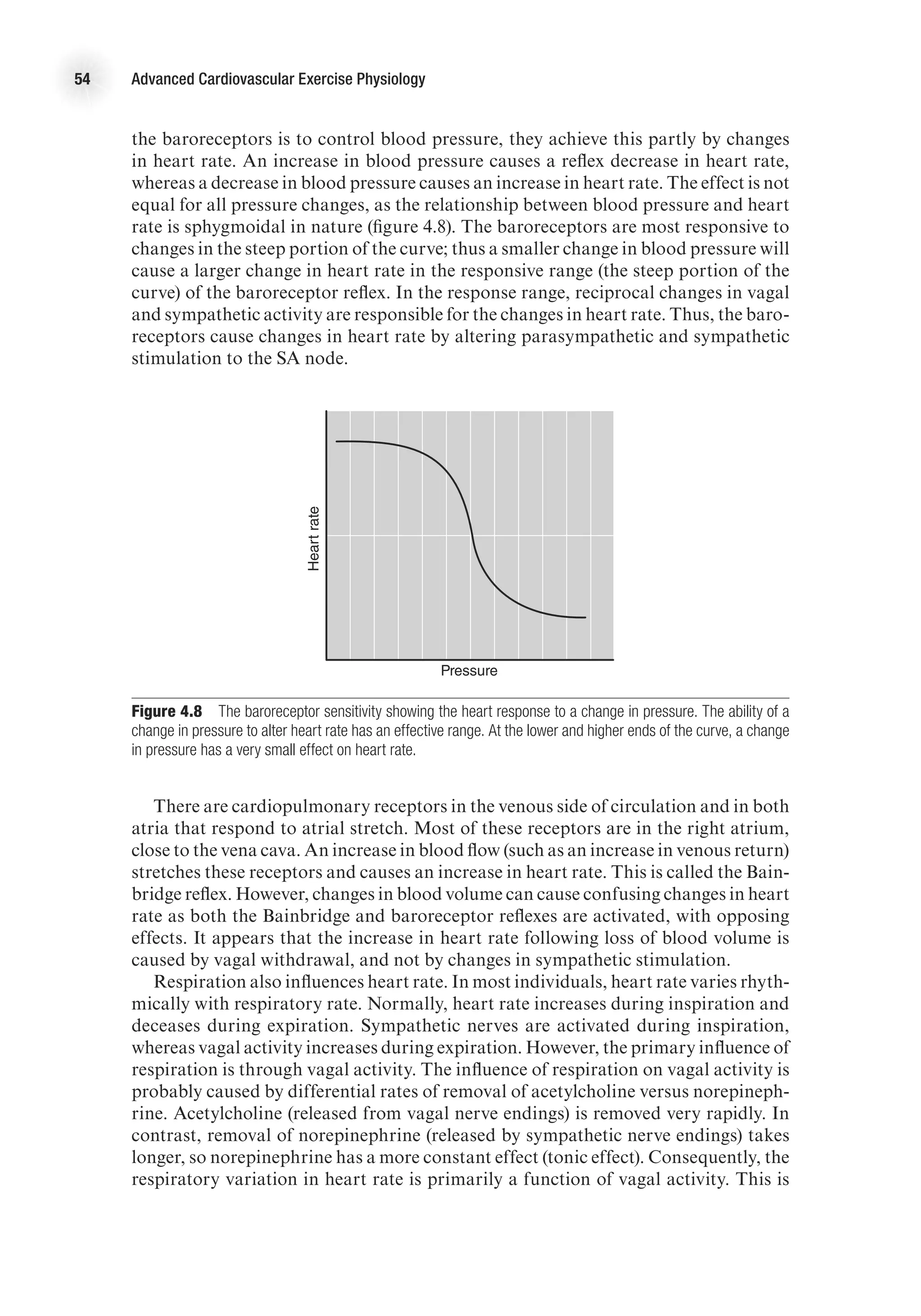 54 Advanced Cardiovascular Exercise Physiology
the baroreceptors is to control blood pressure, they achieve this partly by changes
in heart rate. An increase in blood pressure causes a reflex decrease in heart rate,
whereas a decrease in blood pressure causes an increase in heart rate. The effect is not
equal for all pressure changes, as the relationship between blood pressure and heart
rate is sphygmoidal in nature (figure 4.8). The baroreceptors are most responsive to
changes in the steep portion of the curve; thus a smaller change in blood pressure will
cause a larger change in heart rate in the responsive range (the steep portion of the
curve) of the baroreceptor reflex. In the response range, reciprocal changes in vagal
and sympathetic activity are responsible for the changes in heart rate. Thus, the baro-
receptors cause changes in heart rate by altering parasympathetic and sympathetic
stimulation to the SA node.
E4414/Smith/fig4.8/349930/alw/r1
Heart
rate
Pressure
Figure 4.8  The baroreceptor sensitivity showing the heart response to a change in pressure. The ability of a
change in pressure to alter heart rate has an effective range. At the lower and higher ends of the curve, a change
in pressure has a very small effect on heart rate.
There are cardiopulmonary receptors in the venous side of circulation and in both
atria that respond to atrial stretch. Most of these receptors are in the right atrium,
close to the vena cava. An increase in blood flow (such as an increase in venous return)
stretches these receptors and causes an increase in heart rate. This is called the Bain-
bridge reflex. However, changes in blood volume can cause confusing changes in heart
rate as both the Bainbridge and baroreceptor reflexes are activated, with opposing
effects. It appears that the increase in heart rate following loss of blood volume is
caused by vagal withdrawal, and not by changes in sympathetic stimulation.
Respiration also influences heart rate. In most individuals, heart rate varies rhyth-
mically with respiratory rate. Normally, heart rate increases during inspiration and
deceases during expiration. Sympathetic nerves are activated during inspiration,
whereas vagal activity increases during expiration. However, the primary influence of
respiration is through vagal activity. The influence of respiration on vagal activity is
probably caused by differential rates of removal of acetylcholine versus norepineph-
rine. Acetylcholine (released from vagal nerve endings) is removed very rapidly. In
contrast, removal of norepinephrine (released by sympathetic nerve endings) takes
longer, so norepinephrine has a more constant effect (tonic effect). Consequently, the
respiratory variation in heart rate is primarily a function of vagal activity. This is
 