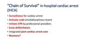 “Chain of Survival” in-hospital cardiac arrest
(IHCA)
• Surveillance for cardiac arrest
• Activate code (multidisciplinary team)
• Initiate CPR by professional providers
• Early defibrillation
• Integrated post cardiac arrest care
• Recovery*
 