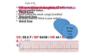 VS: 98.6 F / BP 84/58 / HR 44 / RR 18 /
SaO2 90%
12 lead ECG
Case 4 Buf
• A 45-year-old Female brought to ER with onset
altered mental status..
• Distal pulses are weak. Lungs (crackles)
• No pedal edema. What is your order?
Is the
patient
stable?
1st
two
mins.
2nd
two
mins.
3rd
two
mins.
4th
two
mins.
5th
two
mins.
6th
two
mins.
7th
two
mins.
Discuss reversible
causes
8th
two
mins.
Discuss reversible
causes
9th
two
mins.
+ve
pulse
• What is your management?
• First Line,
• Second line,
• third line
• Patient becomes unconscious, what would
you do?
 