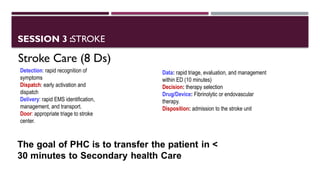 SESSION 3 :STROKE
Stroke Care (8 Ds)
Detection: rapid recognition of
symptoms
Dispatch: early activation and
dispatch
Delivery: rapid EMS identification,
management, and transport.
Door: appropriate triage to stroke
center.
Data: rapid triage, evaluation, and management
within ED (10 minutes)
Decision: therapy selection
Drug/Device: Fibrinolytic or endovascular
therapy.
Disposition: admission to the stroke unit
 