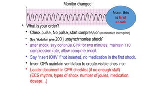 Monitor changed
• What is your order?
• Check pulse, No pulse, start compression (to minimize interruption)
• Say “Abdullah give 200 j unsynchrnonise shock”
• after shock, say continue CPR for two minutes, maintain 110
compression rate, allow complete recoil.
• Say “insert IO/IV if not inserted, no medication in the first shock.
• Insert OPA maintain ventilation to create visible chest rise.
• Leader document in CPR checklist (if no enough staff)
(ECG rhythm, types of shock, number of joules, medication,
dosage…)
Note: this
is first
shock
 