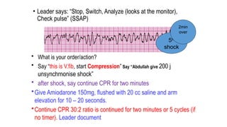 • Leader says: “Stop, Switch, Analyze (looks at the monitor),
Check pulse” (SSAP)
• What is your order/action?
• Say “this is V.fib, start Compression” Say “Abdullah give 200 j
unsynchrnonise shock”
• after shock, say continue CPR for two minutes
•Give Amiodarone 150mg, flushed with 20 cc saline and arm
elevation for 10 – 20 seconds.
•Continue CPR 30:2 ratio is continued for two minutes or 5 cycles (if
no timer). Leader document
5th
shock
2min
over
 