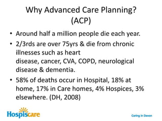Why Advanced Care Planning?(ACP)Around half a million people die each year.2/3rds are over 75yrs & die from chronic illnesses such as heart disease, cancer, CVA, COPD, neurological disease & dementia.58% of deaths occur in Hospital, 18% at home, 17% in Care homes, 4% Hospices, 3% elsewhere. (DH, 2008)      