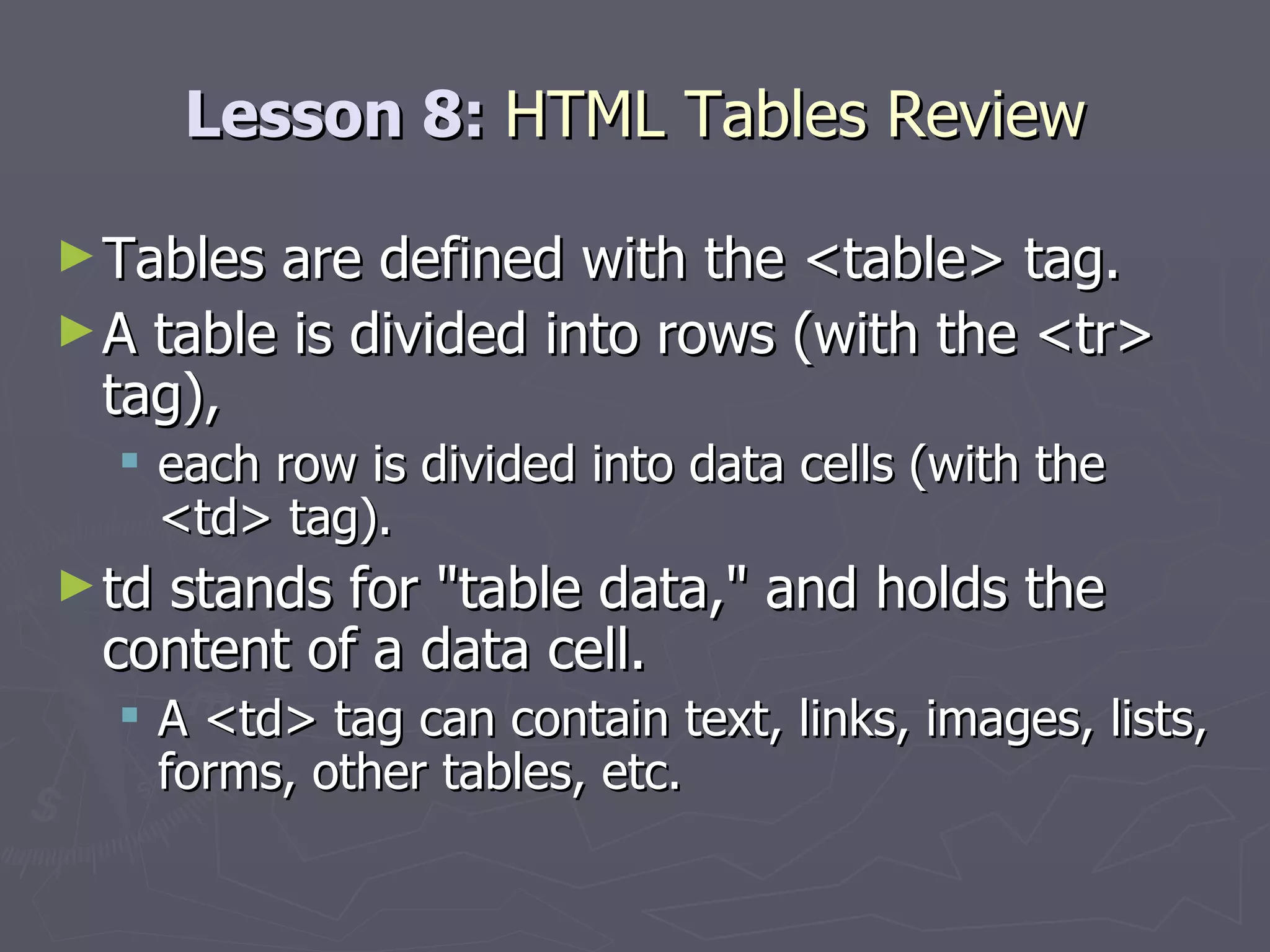 Lesson 8:  HTML Tables Review Tables are defined with the <table> tag. A table is divided into rows (with the <tr> tag),  each row is divided into data cells (with the <td> tag).  td stands for &quot;table data,&quot; and holds the content of a data cell.  A <td> tag can contain text, links, images, lists, forms, other tables, etc. 