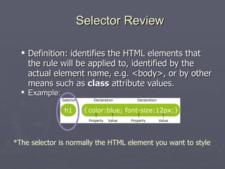 Selector Review Definition: identifies the HTML elements that the rule will be applied to, identified by the actual element name, e.g. <body>, or by other means such as  class  attribute values.  Example: *The selector is normally the HTML element you want to style  