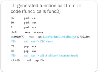 JIT-generated function call from JIT
code (func1 calls func2)
56 push esi
50 push eax
51 push ecx
8bc8 mov ecx,eax
b840aa0f77 mov eax, LdrpValidateUserCallTarget (770faa40)
ffd0 call eax -> CFG check
59 pop ecx
58 pop eax
ffd0 call eax -> call of validated function (func2)
83c410 add esp,10h
 