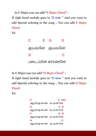 In C Major you can add “E Major Chord” :
If right hand melody goes to “E note ” And you want to
add Special coloring to the song .. You can add E Major
Chord
Ex:
In C Major you can add “D Major Chord” :
If right hand melody goes to “D note ” And you want to
add Special coloring to the song .. You can add D Major
Chord
Ex:
 