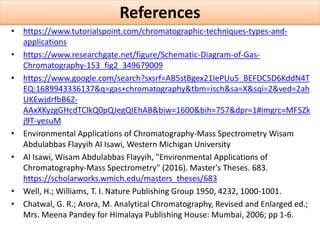 References
• https://www.tutorialspoint.com/chromatographic-techniques-types-and-
applications
• https://www.researchgate.net/figure/Schematic-Diagram-of-Gas-
Chromatography-153_fig2_349679009
• https://www.google.com/search?sxsrf=AB5stBgex21IePUu5_BEFDC5D6KddN4T
EQ:1689943336137&q=gas+chromatography&tbm=isch&sa=X&sqi=2&ved=2ah
UKEwjdrfbB6Z-
AAxXKyzgGHcdTClkQ0pQJegQIEhAB&biw=1600&bih=757&dpr=1#imgrc=MF5Zk
j9T-yesuM
• Environmental Applications of Chromatography-Mass Spectrometry Wisam
Abdulabbas Flayyih Al Isawi, Western Michigan University
• Al Isawi, Wisam Abdulabbas Flayyih, "Environmental Applications of
Chromatography-Mass Spectrometry" (2016). Master's Theses. 683.
https://scholarworks.wmich.edu/masters_theses/683
• Well, H.; Williams, T. I. Nature Publishing Group 1950, 4232, 1000-1001.
• Chatwal, G. R.; Arora, M. Analytical Chromatography, Revised and Enlarged ed.;
Mrs. Meena Pandey for Himalaya Publishing House: Mumbai, 2006; pp 1-6.
 