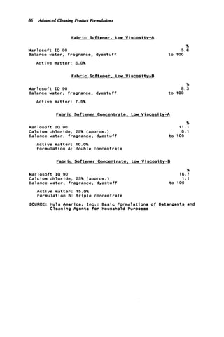 86 Advanced CleaningProduct Formulatiom
Fabric Softener. Low V i scosi tv-A
Marlosoft IQ 90
Balance water, fragrance, dyestuff
Active matter: 5.0%
Fabric Softener. Low V i scosi ty-B
Marlosoft IQ 90
Balance water, fragrance, d y e s t u f f
Active matter: 7.5%
%
5 . 6
t o 100
%
8.3
t o 100
Fabric Softener Concentrate. Low Viscosity-A
Marlosoft IQ 90
Calcium chloride, 25% (approx.)
Balance water, fragrance, d y e s t u f f
Active matter: 10.0%
Formulation A: double concentrate
%
11.1
0.1
t o 100
Fabric Softener Concentrate. Low Viscosity-B
Marlosoft IQ 90
Calcium c h l o r i d e , 25% (approx.)
Balance water, fragrance, d y e s t u f f
%
16.7
1.1
t o 100
Active matter: 15.0%
Formulation 8: t r i p l e concentrate
SOURCE: Huls America, I n c . : Basic Formulations o f Detergents and
Cleaning Agents f o r Household Purposes
 