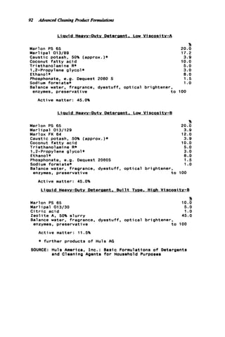 92 Advanced CIeaningRoduct Formulations
L iauid Heavv-Duty Detergent. Low V i scosit v - A
Marlon PS 65
Marl ipal 013/89
Caustic potash, 50% (approx.)*
Coconut f a t t y a c i d
T r i ethhnol ami ne R*
1.2-Propylene g l y c o l *
Ethanol*
Phosphonate, e.g. Dequest 2060 S
Sodi um formi ate*
Balance water, fragrance, dyestuff,
enzymes, preservative
Active matter: 45.0%
%
20.0
17.2
3.9
10.0
5.0
3.0
8.0
1.5
1.o
o p t i c a l brightener,
t o 100
L i a u i d Heavy-Dutv Detergent. Low Viscositv-B
s6
Marlon PS 65 20.0
M a r l i p a l 013/129 3.9
Marlox FK 64 12.0
Caustic potash, 50% (approx.)* 3.9
Coconut f a t t y a c i d 10.0
Triethanolamine R* 5.0
1,P-Propyl ene g l y c o l * 3.0
Ethanol* 8.0
Phosphonate, e.g. Dequest 2060s 1.5
Sodi urn formi ate* 1.o
Balance water, fragrance, d y e s t u f f , o p t i c a l brightener,
enzymes, preservative t o 100
Active matter: 45.0%
L i a u i d Heavy-Duty Deteraent. B u i l t Type. H i g h Viscositv-B
%
Marl ip a l 013/30 5.0
C i t r i c a c i d 1. o
Z e o l i t e A, 50% s l u r r y 45.0
Balance water, fragrance, dyestuff, o p t i c a l brightener,
enzymes, preservative t o 100
Marlon PS 65 10.0
Active matter: 11.5%
* f u r t h e r products o f Huls AG
SOURCE: Huls America, I n c . : Basic Formulations o f Detergents
and Cleaning Agents f o r Household Purposes
 