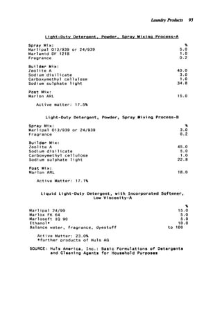 Light-Duty Deterqent. Powder. Spray M i x i n q Process-A
Spray Mix:
M a r l i p a l 013/939 o r 24/939
Marlamid DF 1218
Fragrance
%
5.0
1.0
0.2
B u i l d e r Mix:
Z e o l i t e A
Sodi um d i s i 1ic a t e
Carboxymethyl c e l l ulose
Sodium sulphate l i g h t
Post Mix:
Marlon ARL
A c t i v e matter: 17.5%
40.0
3 . 0
1.o
34.8
15.0
L i ght-Duty Deterqent ~ Powder, Spray M i x i ng Process-€3
Spray Mix:
M a r l i p a l 013/939 o r 24/939
Fragrance
%
3.0
0.2
B u i l d e r Mix:
Z e o l i t e A
Sodi um d i s i 1i c a t e
Carboxymethyl c e l l u l o s e
Sodium sulphate l i g h t
Post Mix:
Marlon ARL
A c t i v e Matter: 17.1%
45.0
5.0
1 .o
22.8
18.0
L i q u i d Light-Duty Detergent, w i t h Incorporated Softener,
Low V i scosi ty-A
Marl i p a l 24/99
Marlox FK 64
Marlosoft I0 90
Ethanol *
Balance water, fragrance, d y e s t u f f
9b
15.0
5.0
5 . 0
10.0
t o 100
A c t i v e Matter: 23.0%
* f u r t h e r products o f Huls AG
SOURCE: Huls America, I n c . : Basic Formulations o f Detergents
and Cleaning Agents f o r Household Purposes
Laundry Products 93
 