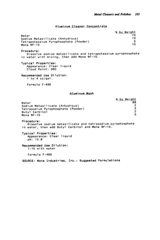 Metal Cleaners and Polishes 103
Alumcnum Cleaner Concentrate
Water
Sodium M e t a s i l i c a t e (Anhydrous)
Tetrapotassium Pyrophosphate (Powder)
Mona NF-10
% by Weiqht
75
10
5
10
Procedure:
i n water w i t h mixing, then add Mona NF-10.
Typical Properties:
Appearance: Clear l i q u i d
Cloud Point: 88C
Dissolve sodium m e t a s i l i c a t e and tetrapotassium pyrophosphate
Recommended Use D i l u t i o n :
1 t o 4 oz/gal.
Formula F-498
A1umi num Wash
Water
Sodium M e t a s i l i c a t e (Anhydrous)
Tetrasodium Pyrophosphate (Powder)
B u t y l Carbi t o 1
Mona NF-10
% by Weight
88
2
3
2
5
Procedure:
i n water, then add Butyl C a r b i t o l and Mona NF-10.
Typi c a l Properties :
Dissolve sodium m e t a s i l i c a t e and tetrasodium pyrophosphate
Appearance: Clear l i q u i d
pH: 1 2 . 8
Recommended Use D i l u t i o n :
1:lO w i t h water
Formula F-499
SOURCE: Mona I n d u s t r i e s , I n c . : Suggested Formulations
 