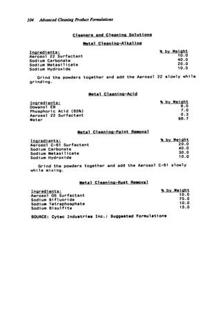 104 Advanced CleaningR&t Formulations
Cleaners and Cleanina Solutionq
Metal Cleani na-A1 k a line
Inaredients:
Aerosol 22 Surfactant
Sodium Carbonate
Sodi um Metasi 1icate
Sodium Hydroxide
% by Weiaht
10.0
40.0
20.0
10.0
Grind the powders together and add t h e Aerosol 22 slowly while
grinding.
Metal C1eani na-Aci d
Inqredients:
Dowanol EB
Phosphoric Acid (85%)
Aerosol 22 Surfactant
Water
Metal C leanina-Pai n t Removal
Insredients:
Aerosol C-61 Surfactant
Sodium Carbonate
Sodium Metasilicate
Sodi um Hydroxide
% by Wei aht
6.0
7 . 0
0 . 3
8 6 . 7
% by Wei aht
20.0
40.0
30.0
10.0
Grind t h e powders together and add t h e Aerosol C-61 slowly
while mixing.
Metal Cleaning-Rust Removal
Ineredients:
Aerosol 0s Surfactant
Sodium B i f l u o r i d e
Sodium Tetraphosphate
Sodium B i s u l f i t e
% by Weight
10.0
7 5 . 0
10.0
15.0
SOURCE: Cytec Industries Inc.: Suggested Formulations
 