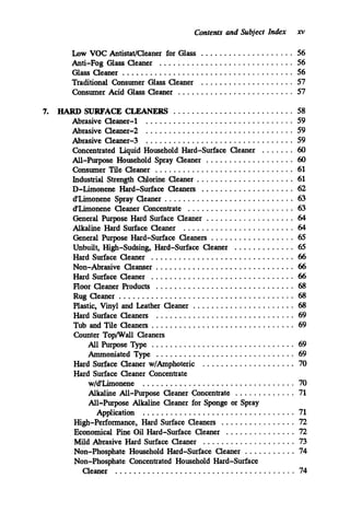 Contents and Subject Index xv
Low VOC Antistat/Cleaner for Glass .................... 56
Anti-Fog Glass Cleaner ............................. 56
Glass Cleaner ..................................... 56
Traditional Consumer Glass Cleaner .................... 57
Consumer Acid Glass Cleaner ......................... 57
7. HARD SURFACE CLEANERS .......................... 58
Abrasive Cleaner-1 ................................ 59
Abrasive Cleaner-2 ................................ 59
Abrasive Cleaner-3 ................................ 59
Concentrated Liquid Household Hard-surface Cleaner ....... 60
All-Purpose Household Spray Cleaner ................... 60
Consumer Tile Cleaner .............................. 61
Industrial Strength Chlorine Cleaner ..................... 61
D-Limonene Hard-surface Cleaners .................... 62
d'limonene Spray Cleaner ............................ 63
d'limonene Cleaner Concentrate ....................... 63
General Purpose Hard Surface Cleaner ................... 64
Alkaline Hard Surface Cleaner ........................ 64
General Purpose Hard-surface Cleaners .................. 65
Unbuilt. High-Sudsing. Hard-surface Cleaner ............. 65
Hard Surface Cleaner ............................... 66
Non-Abrasive Cleanser .............................. 66
Hard Surface Cleaner ............................... 66
Floor Cleaner Products .............................. 68
Rug Cleaner ...................................... 68
Plastic. Vinyl and Leather Cleaner ...................... 68
Hard Surface Cleaners .............................. 69
Tub and Tile Cleaners ............................... 69
Counter Top/Wall Cleaners
AlIPurposeType ............................... 69
Ammoniated Type .............................. 69
Hard Surface Cleaner w/Amphoteric .................... 70
Hard Surface Cleaner Concentrate
w/d'Limonene ................................. 70
Alkaline All-Purpose Cleaner Concentrate ............. 71
All-Purpose Alkaline Cleaner for Sponge or Spray
Application ................................. 71
High-Performance. Hard Surface Cleaners ................ 72
Economical Pine Oil Hard-surface Cleaner ............... 72
Mild Abrasive Hard Surface Cleaner .................... 73
Non-Phosphate Household Hard-surface Cleaner ........... 74
Non-Phosphate Concentrated Household Hard-surface
Cleaner ....................................... 74
 