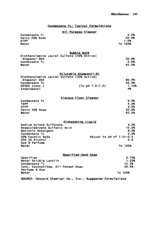 Miscellaneous 143
Condensate TL: Typical Formulations
A l l Purpose Cleaner
Condensate TL
Harco 20% Soap
STPP
Water
Bubble Bath
Diethanolamine Laurel S u l f a t e (35% A c t i v e )
Stepanol DEA
Condensate TL
Water
D i l u t a b l e Shampoo(l:8)
Diethanolamine Laurel S u l f a t e (35% Active)
Stepanol DEA
Condensate TL
Isopropanol
H2S04 (conc.) (TO pH 7.0-7.5)
V i scous Floor Cleaner
Condensate TL
TSPP
STPP
Harco 20% Soap
Water
5 . 0 %
50.0%
1-2%
To 100%
30.0%
5.0%
65.0%
60.0%
35.0%
1.15%
4%
9.0%
4.0%
4.0%
20.0%
63.0%
Dishwashi ne L iaui d
Sodium Xylene Sulfonate 4.0%
Dodecylbenzene S u l f o n i c Acid 12.5%
Noni oni c Detergent 6.0%
Condensate TL 3.0%
50% Caustic Soda Adjust t o pH o f 7 . 0 + - 0 . 5
SDA 3A Alcohol 2.0
Dye 8 Perfume
Water To 100%
ODacified Hand SoaD
Opaci f ie r
Water Soluble Lanolin
Condensate TL
Conc. Coconut/Veg. O i l Potash Soap
Perfume 8 Dye
Water
0.70%
1.25%
12.5%
20.0%
To 100%
SOURCE: Concord Chemical Co., I n c . : Suggested Formulations
 
