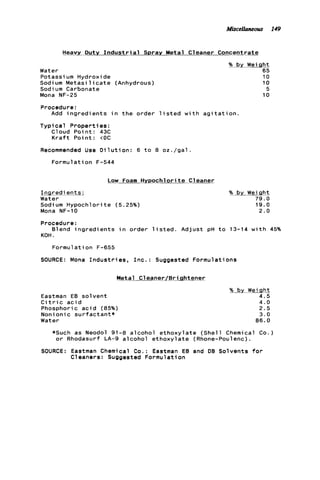 Miscellaneous 149
Heavy D u t y I n d u s t r i a l Spray Metal Cleaner Concentrate
Water
Potassi um Hydroxide
Sodium M e t a s i l i c a t e (Anhydrous)
Sodium Carbonate
Mona NF-25
% by Weiaht
65
10
10
5
10
Procedure:
Typical Properties:
Cloud P o i n t : 43C
K r a f t Point: COC
Add i n g r e d i e n t s i n t h e order l i s t e d w i t h a g i t a t i o n .
Recommended Use D i l u t i o n : 6 t o 8 o z . / g a l .
Formulation F-544
Low Foam Hypochlorite Cleaner
I n redients;.
water
Sodium Hypochlorite (5.25%)
Mona NF-10
% bv Wei qht
79.0
19.0
2 . 0
Procedure:
Blend i n g r e d i e n t s i n order l i s t e d . Adjust pH t o 13-14 w i t h 45%
KOH .
Formulation F-655
SOURCE: Mona I n d u s t r i e s , I n c . : Suggested Formulations
Metal CleanerJBri nhtener
Eastman EB solvent
C i t r i c a c i d
Phosphoric a c i d (85%)
Nonionic s u r f a c t a n t *
Water
% by WeixhL
4.5
4.0
2.5
3.0
86.0
*Such as Neodol 91-8 alcohol ethoxylate (Shell Chemical Co.)
o r Rhodasurf LA-9 alcohol ethoxylate (Rhone-Poulenc).
SOURCE: Eastman Chemical Co.: Eastman EB and DB Solvents f o r
Cleaners: Suggested Formulation
 
