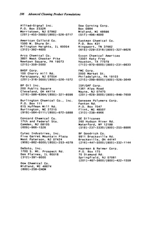 198 Advanced Cleaning Product Formulations
A1 1ied-Si gnal I n c .
P.O. Box 2332R
Morristown, NJ 07962
(201)-455-2000/(800)-526-0717
American C o l l o i d Co.
1500 W. Shure D r .
A r l i n g t o n Heights, I L 60004
(312)-392-4600
Arc0 Chemical Co.
3801 West Chester Pike
Newtown Square, PA 19073
(215)-359-2000
BASF Corp.
100 Cherry H i l l Rd.
Parsi ppany, NJ 07054
(201)-316-3000/(800)-526-1072
BP O i l I n c .
200 P u b l i c Square
Cleveland, OH 44114
(216)-586-6364/(800)-321-8598
B u r l ington Chemical Co. , I n c .
P.O. Box 111
615 Huffman M i l l Rd.
Burlington, NC 27215
(919)-584-0111/(800)-672-5888
Concord Chemical Co.
17th and Federal Sts.
Camden, NJ 08105
(609)-966-1526
Cytec I n d u s t r i e s , I n c .
F i v e Garret Mountain Plaza
West Paterson, NJ 07424
(908)-B62-6000/(800)-253-4078
DeSoto, I n c .
1700 S. M t . Prospect Rd.
Des Plaines, I L 60018
(312)-391-9000
Dow Chemical Co.
Midland, M I 48674
(800)-258-CHEM
Dow Corning Corp.
Box 0994
Midland, M I 48686
(517)-496-4000
Eastman Chemical Co.
P.O. Box 431
Kingsport, TN 37662
(615)-229-2318/(800)-327-8626
Exxon Chemica? Americas
13501 Katy Frwy
Houston, TX 77079
(713)-870-6000/(800)-231-6633
FMC Corp.
2000 Market S t .
Philadelphia, PA 19103
(215)-299-6000/(800)-526-3649
ISP/GAF Corp.
1361 Alps Road
Wayne, NJ 07470
Genesee Polymers Corp.
Fenton Rd.
P.O. Box 7047
F l i n t , M I 48507
(201)-628-3000/(800)-848-7659
(313 ) -238-4966
GE S i 1icones
260 Hudson River Rd.
Waterford, NY 12188
(518)-237-3330/(800)-255-8886
BF Goodrich Co.
9911 Brecksvi 11e Rd.
B r e c k s v i l l e , OH 44141
(216)-447-5000/(800)-332-1144
Haarman & Reimer Corp.
P.O. Box 175
70 Diamond Rd.
S p r i n g f i e l d , NJ 07081
(201)-467-5600/(800)-422-1559
 