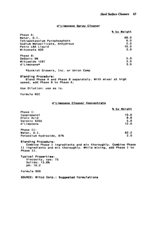Hard Surface Cleaners 63
d ' l i a o n e n e SDrav Cleaner
Phase A:
Water, D . I .
Tetrapotassium Pyrophosphate
Sodium M e t a s i l i c a t e , Anhydrous
Petro LBA L i q u i d
W i tconate AOS
Phase B:
DeSonic 9N
W i tcami de 128T
d ' L imonene*
% bv Weiaht
68.0
6.0
2.0
10.0
3.0
5.0
3.0
3.0
*Sunkist Growers, I n c . o r Union Camp
Blending Procedure:
speed, add Phase B t o Phase A.
Use D i l u t i o n : use as i s .
Formula 802
Blend Phase A and Phase B separately. W i t h mixer a t h i g h
~-d'Lirnonene Cleaner Concentrate
Phase I:
Isopropanol
O l e i c Acid
Varonic K205
d ' L imonene
Phase 11:
Water, D . I .
Potassium Hydroxide, 87%
% by Weiaht
10.0
8.8
5.0
12.0
62.2
2.0
Blending Procedure:
I 1 i n g r e d i e n t s and mix thoroughly. While mixing, add Phase I t o
Phase 11.
T y p i c a l P r o p e r t i e s :
V i s c o s i t y , cps: 75
S o l i d s : 13.8%
pH: 10.2
Formula 808
SOURCE: Witco Corp.: Suggested Formulations
Combine Phase Ii n g r e d i e n t s and mix thoroughly. Combine Phase
 