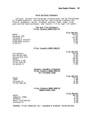 Hard Surface Cleaners 69
Hard Surface Cleaners
Calsuds, C a l s o f t and Calamide concentrates can be formulated
t o c r e a t e powerful, non-corrosive, non-filming cleaners f o r
f l o o r s , woodwork, w a l l s , windows, counter tops, tubs, t i l e
and s i m i l a r hard surfaces. Use l e v e l s : 1-4 oz./gal. o f water.
Tub and T i l e Cleaners
Pi l o t Formula #APC-004-01
Water
Versene 100
Calsuds A
Isopropyl Alcohol
Propyl ene G1 ycol
Pine O i 1
D-1 imonene
Cal imul se PRS
Caloxylate N-9
Water
C a l s o f t L-40
P i l o t sxs-40
Calamide 0
Water
TKPP
Calsuds 81
P i l o t sxs-40
Water
Ammonia (29%)
Na4EDTA
Butyl C e l l osol ve
Calsuds 81
Pi 1o t Formula #HDC-006-01
Counter Top/Wall Cleaners
P i l o t Formula #HDC-003-01
A l l Purpose Type
P i l o t Formula #HSC-008-01
Ammoniated T-
% bv Weiqht
65.00
1 .oo
25.00
5.00
3.00
1.oo
?&by Wei a h t
30.00
5.00
5.00
26.50
16.50
10.00
7 . 0 0
% by Weight
77.20
7.80
5.00
10.00
% by Weiaht
86.50
3.00
0.50
5.00
5.00
SOURCE: P i lot Chemical Con: Household C1eaner Formulations
 