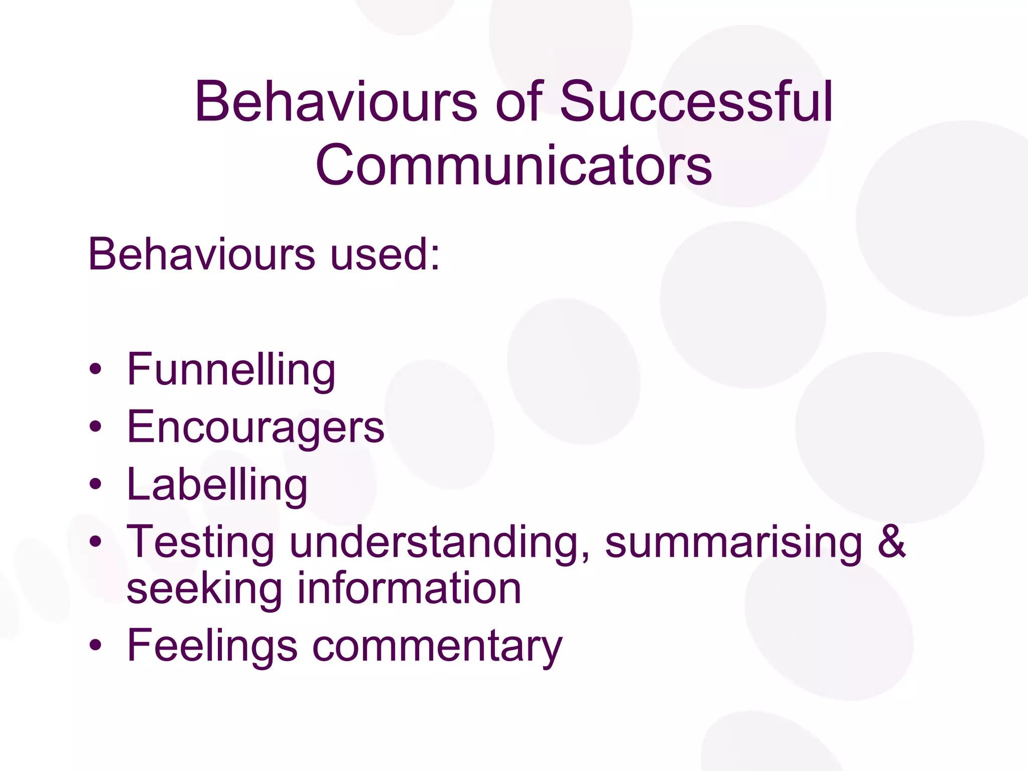 Behaviours of Successful Communicators Behaviours used: Funnelling Encouragers Labelling Testing understanding, summarising & seeking information Feelings commentary 