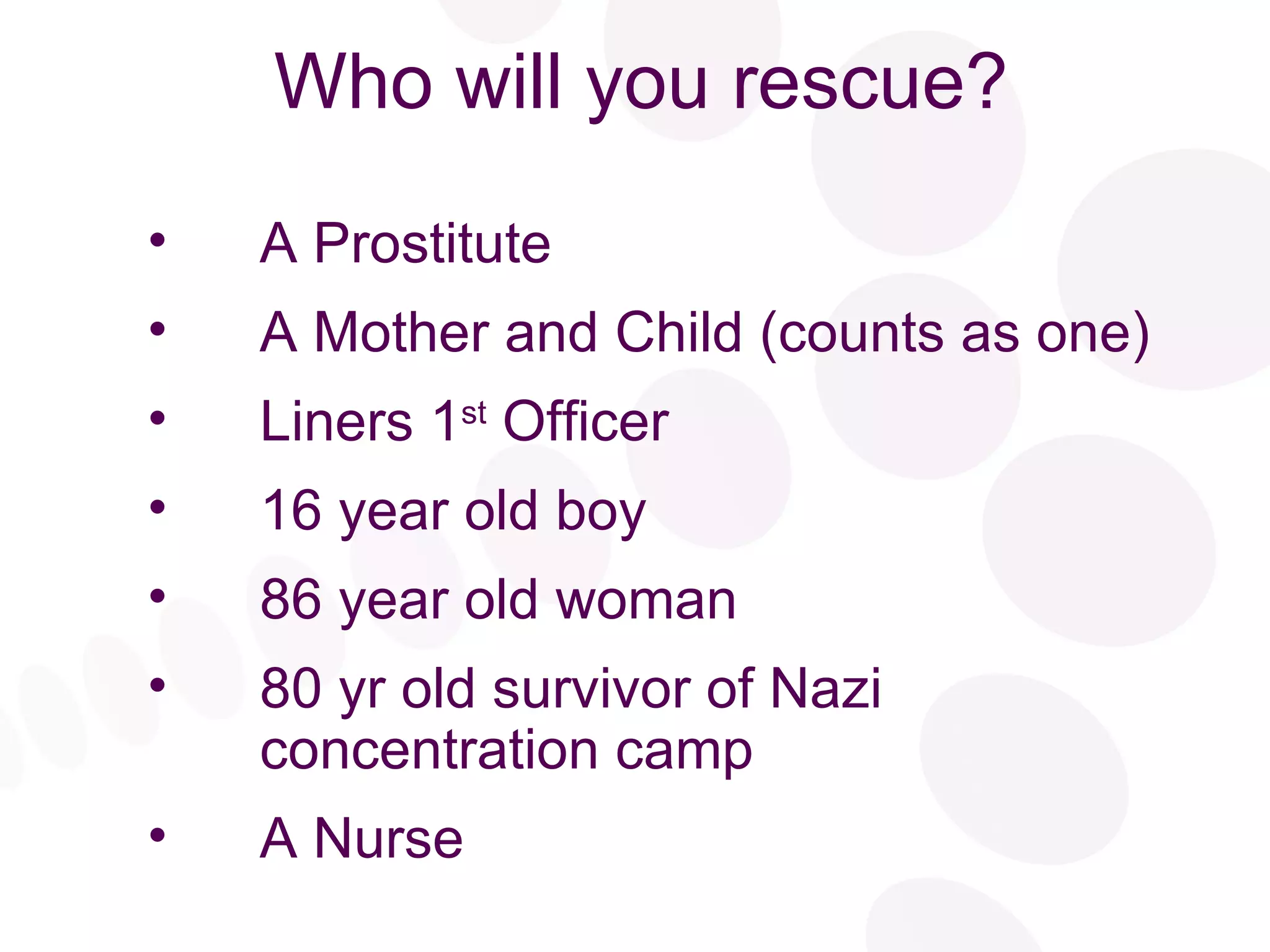 Who will you rescue? A Prostitute A Mother and Child (counts as one) Liners 1 st  Officer 16 year old boy 86 year old woman 80 yr old survivor of Nazi concentration camp A Nurse 