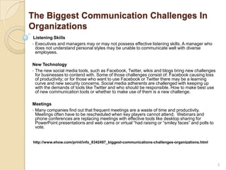 The Biggest Communication Challenges In
Organizations
Listening Skills
• Executives and managers may or may not possess ef...