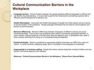 Cultural Communication Barriers in the
Workplace
Language barriers. Communication between two people speaking different la...