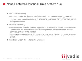 Neue Features Flashback Data Archive 12c
Advanced Compression Option - Entwicklung von 11g zu 12c18 25.09.2015
User context tracking
–Information über die Session, die Daten verändert können mitgeloggt werden
• Logging Level kann über DBMS_FLASHBACK_ARCHIVE.SET_CONTEXT_LEVEL
konfiguriert werden
Database hardening
–Erlaubt mehrer Tabellen zu einer “application” zusammenzufassen und Flash Back
Data Archive mit einem Kommando zu konfigurieren. Tabellen können alle vor
Schreibzugriff geschützt werden
–“application” wird mit DBMS_FLASHBACK_ARCHIVE.REGISTER_APPLICATION
erstellt
Import und Export der Historie (für Umzüge)
 